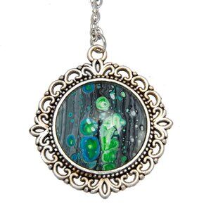 Handmade Fluid Art Necklace - Swirls of Green & Gray